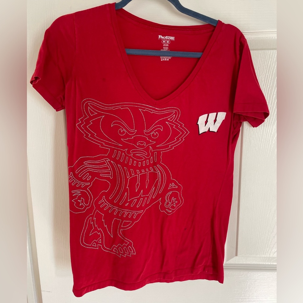 Russell Athletic Red V-Neck T-Shirt with Wisconsin Logo